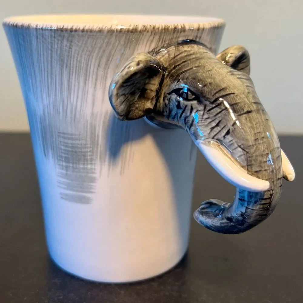 PIER 1 IMPORTS 3-D Hand Painted Stoneware Elephant Mug Cup Elephant Head Handle